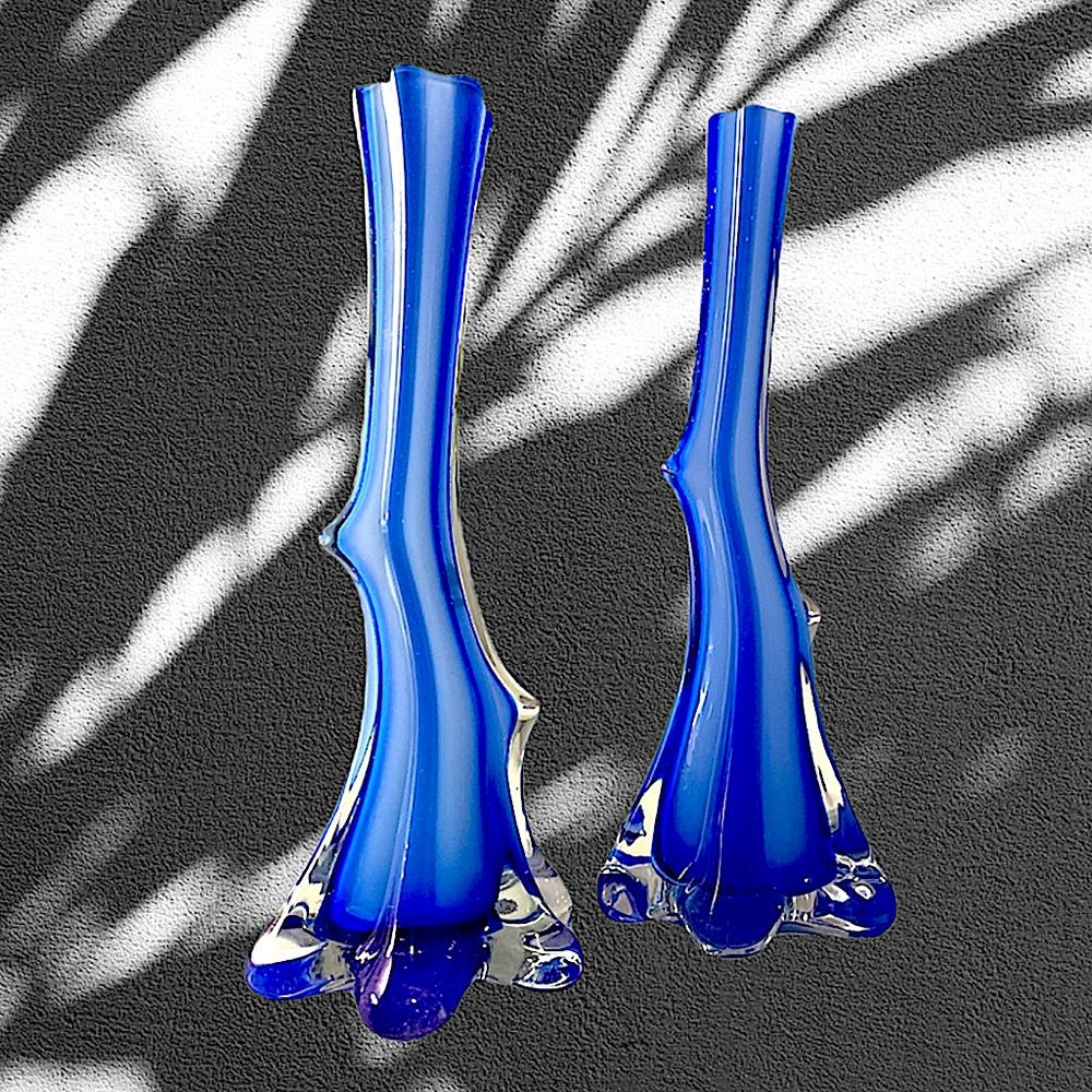 2 handblown glass bud vases